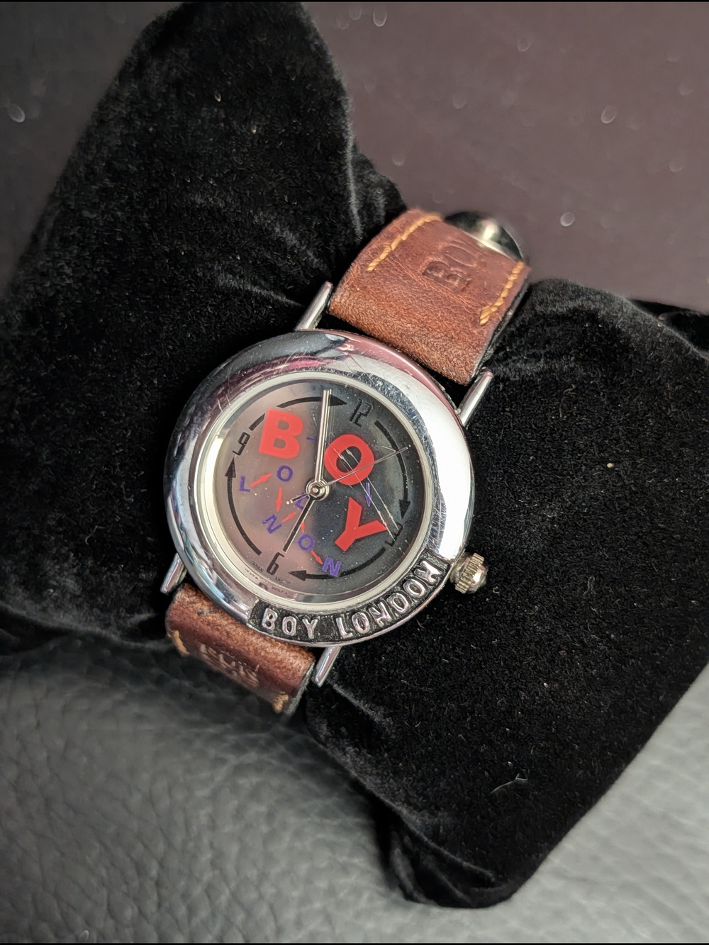 BOY London Vintage Spellout Logo Engraved Brown/Black Leather Strap Watch